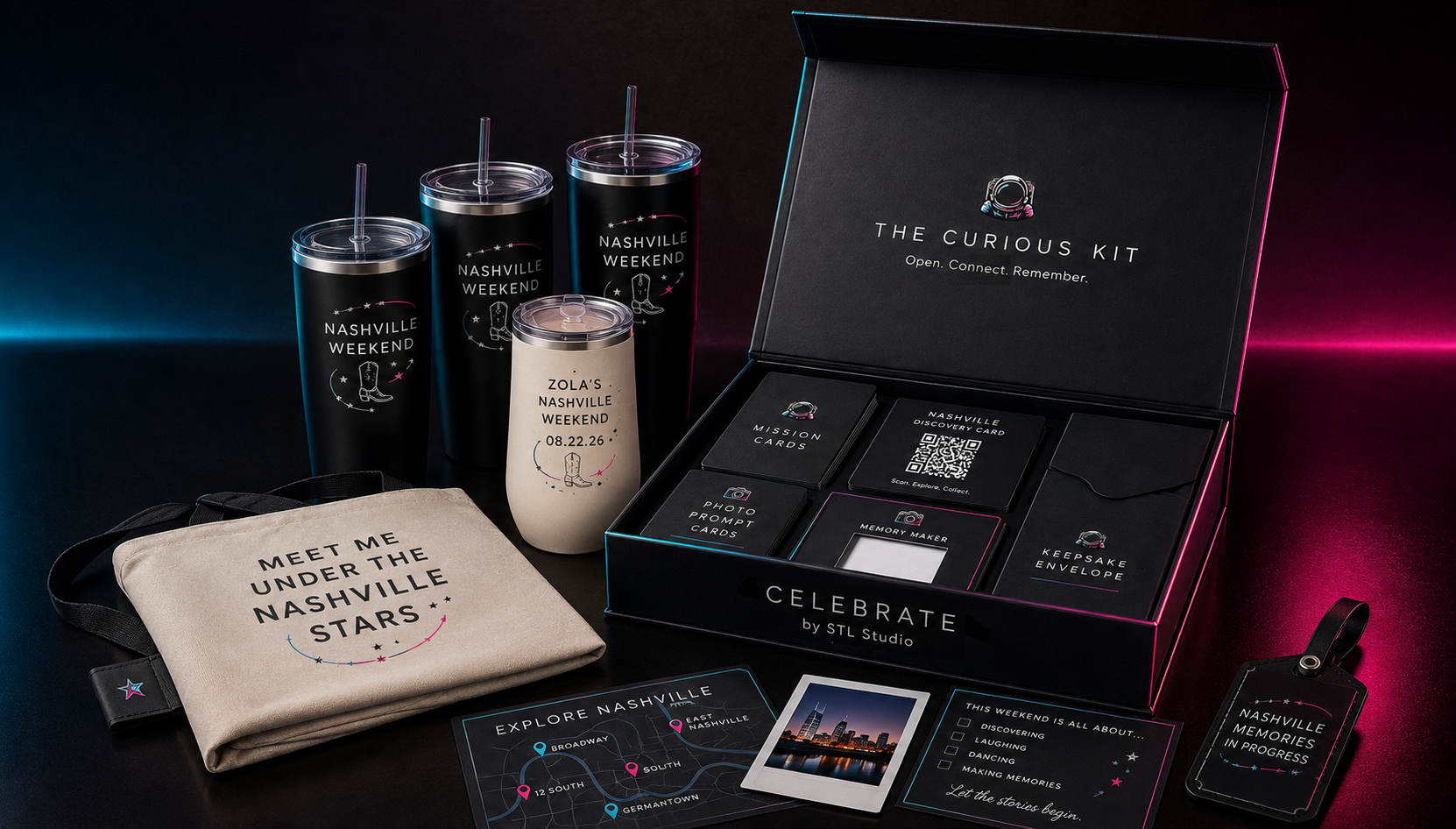 A personalized Nashville Curious Kit with cards, map, keepsakes, tote, tumblers, luggage tag, and an open Celebrate box