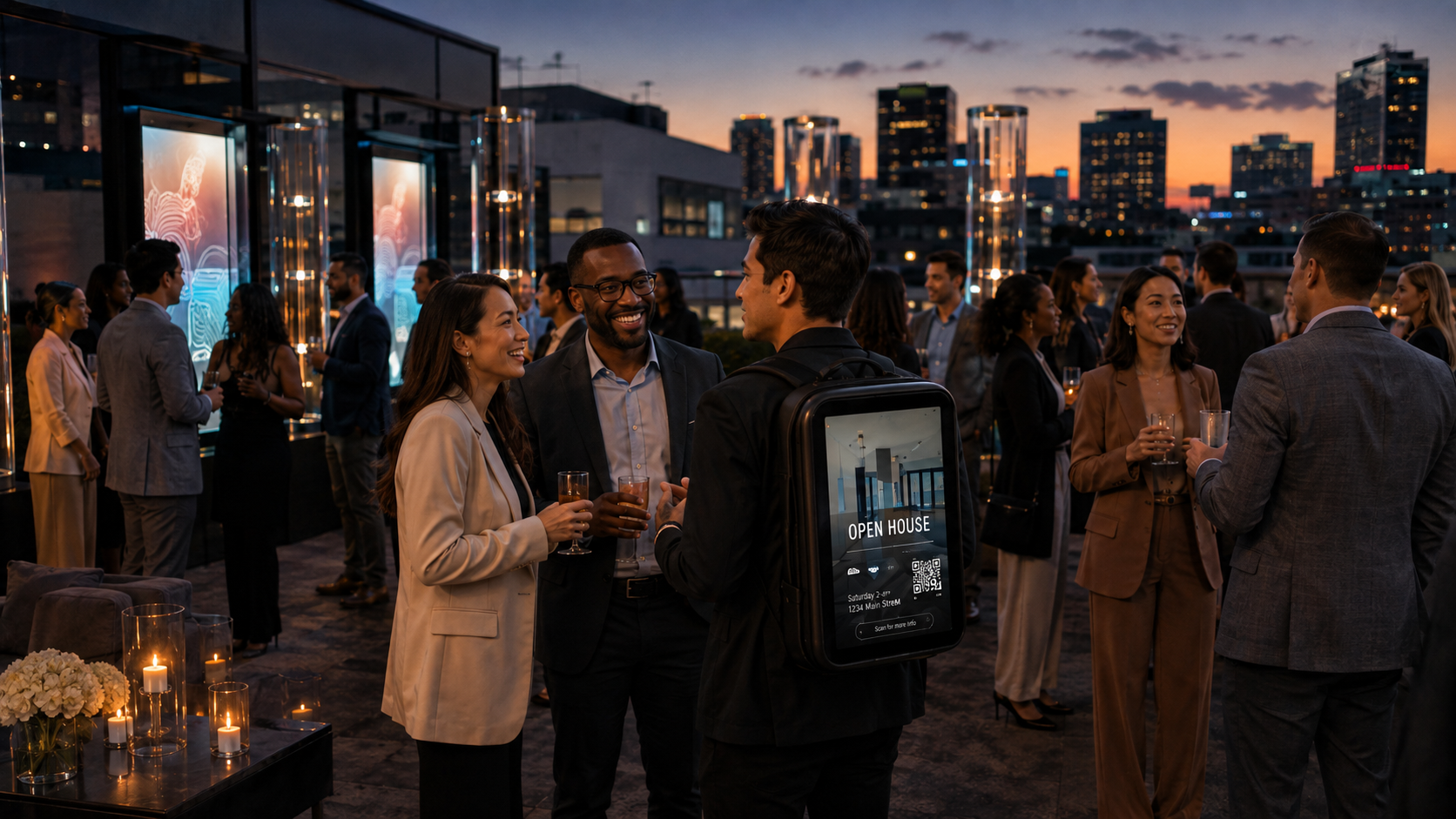 A mobile advertising ambassador engaging guests at a rooftop business event