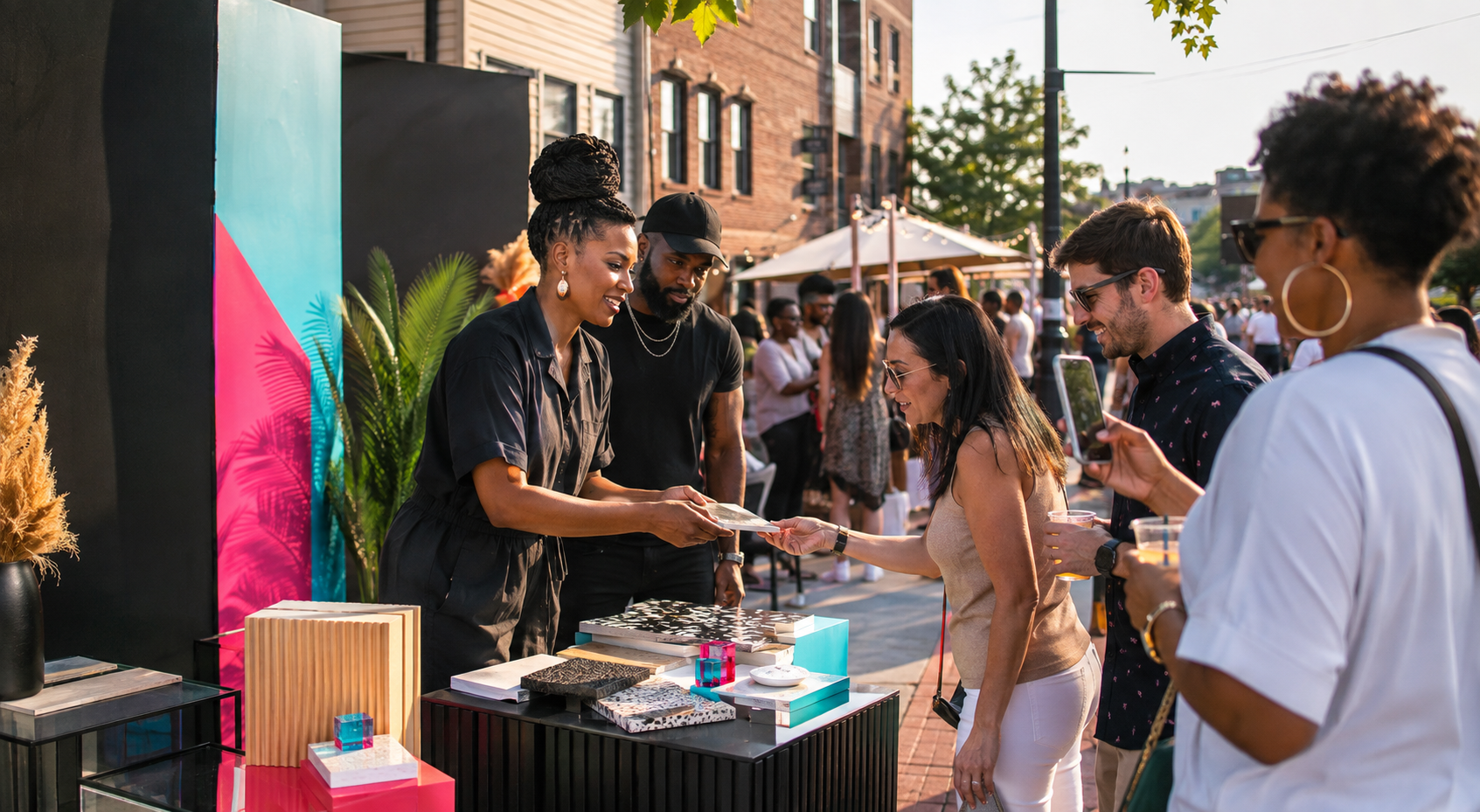 Adults connecting at a community-centered creative experience