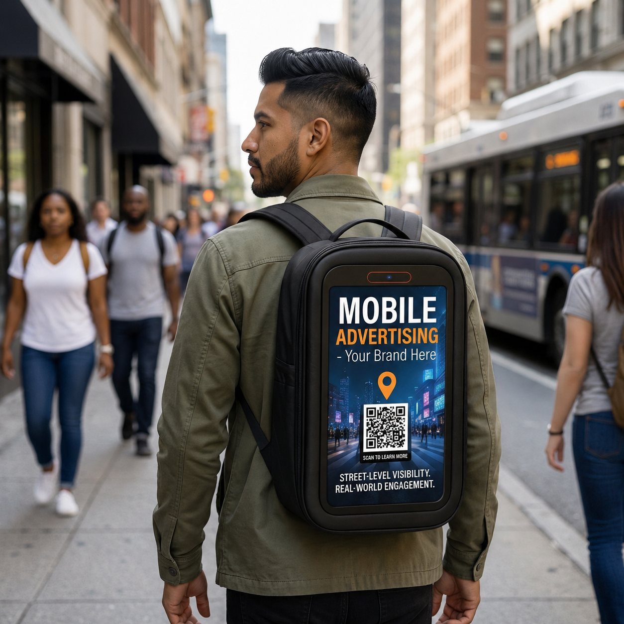 Mobile advertising display backpack moving through a busy city street