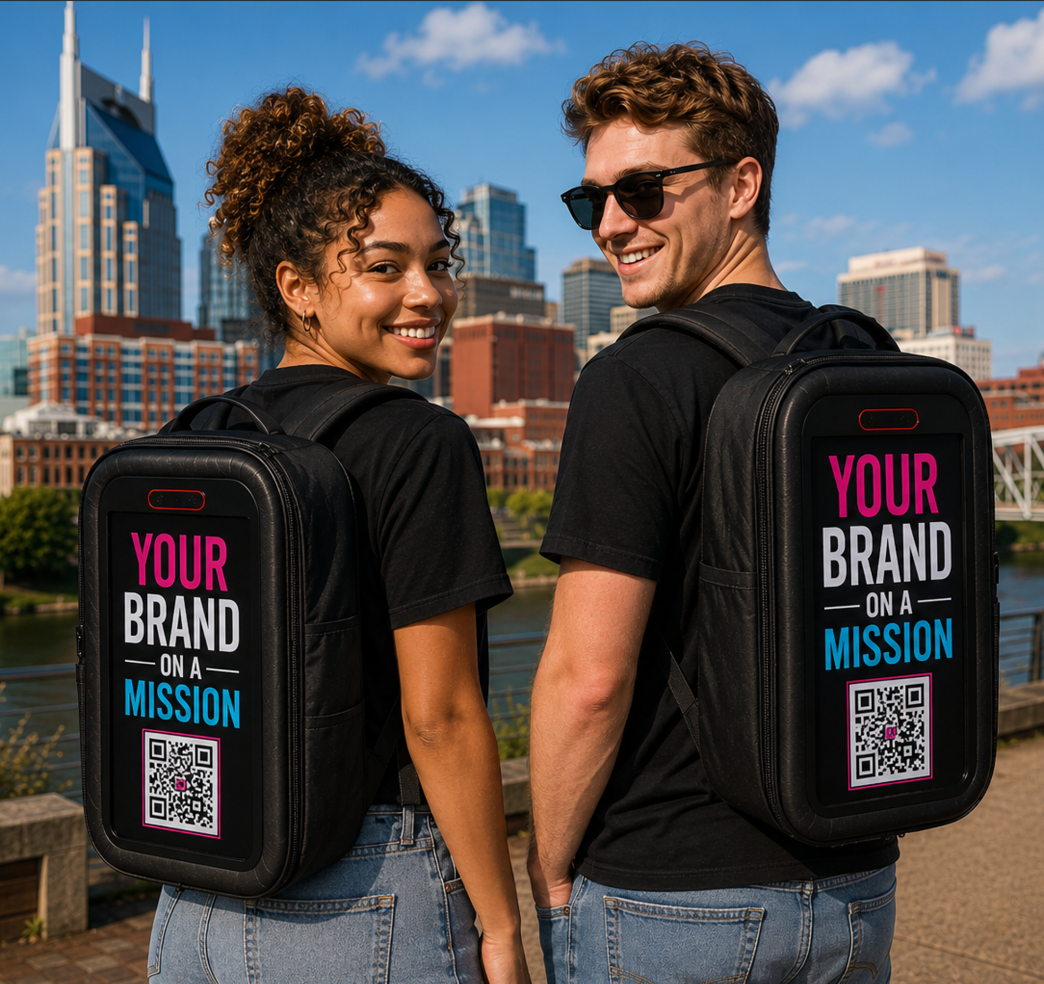 Two mobile advertising ambassadors wearing digital display backpacks in Nashville