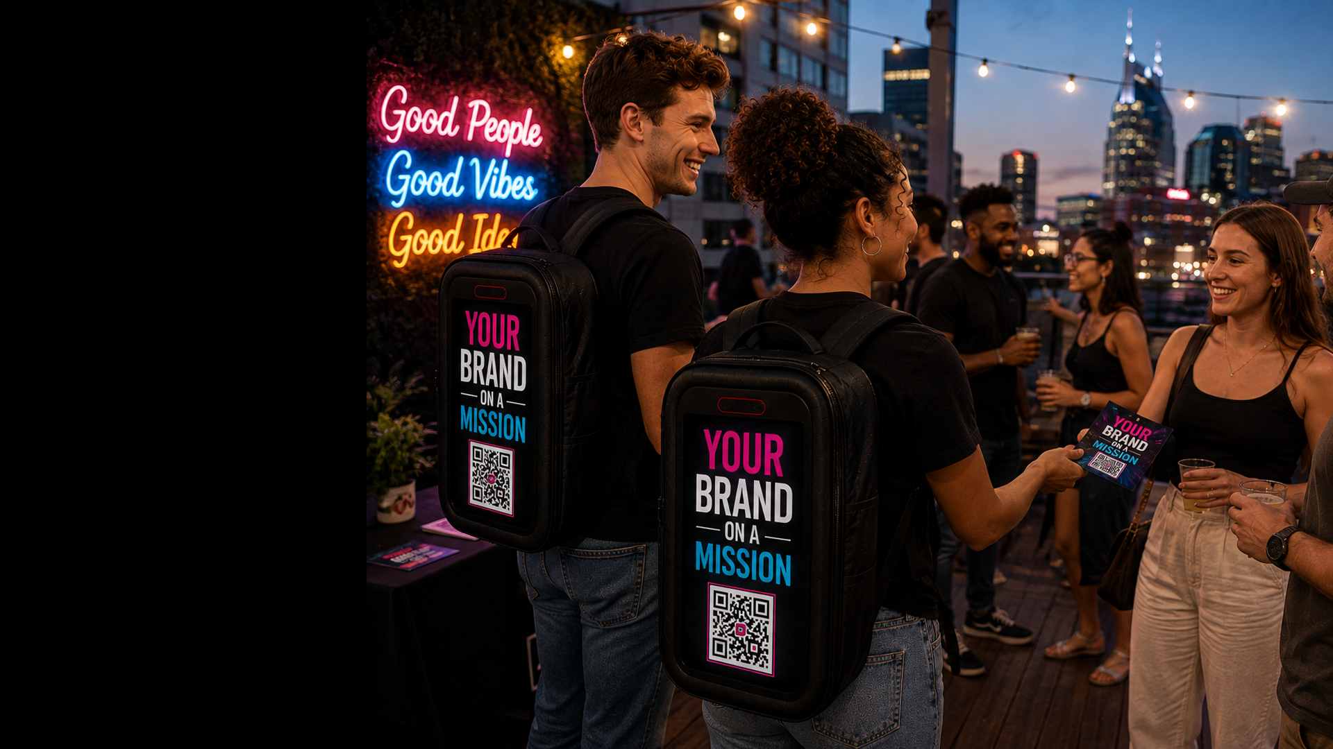 Mobile advertising ambassadors connecting with guests at a Nashville rooftop gathering